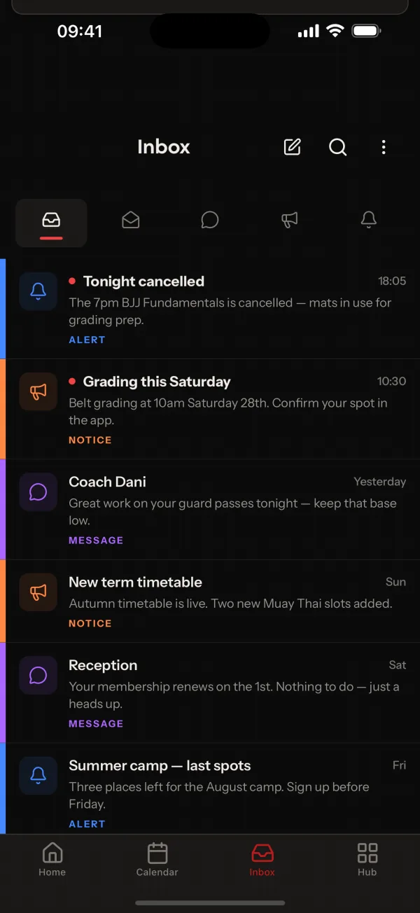 OurClub inbox with notices and messages